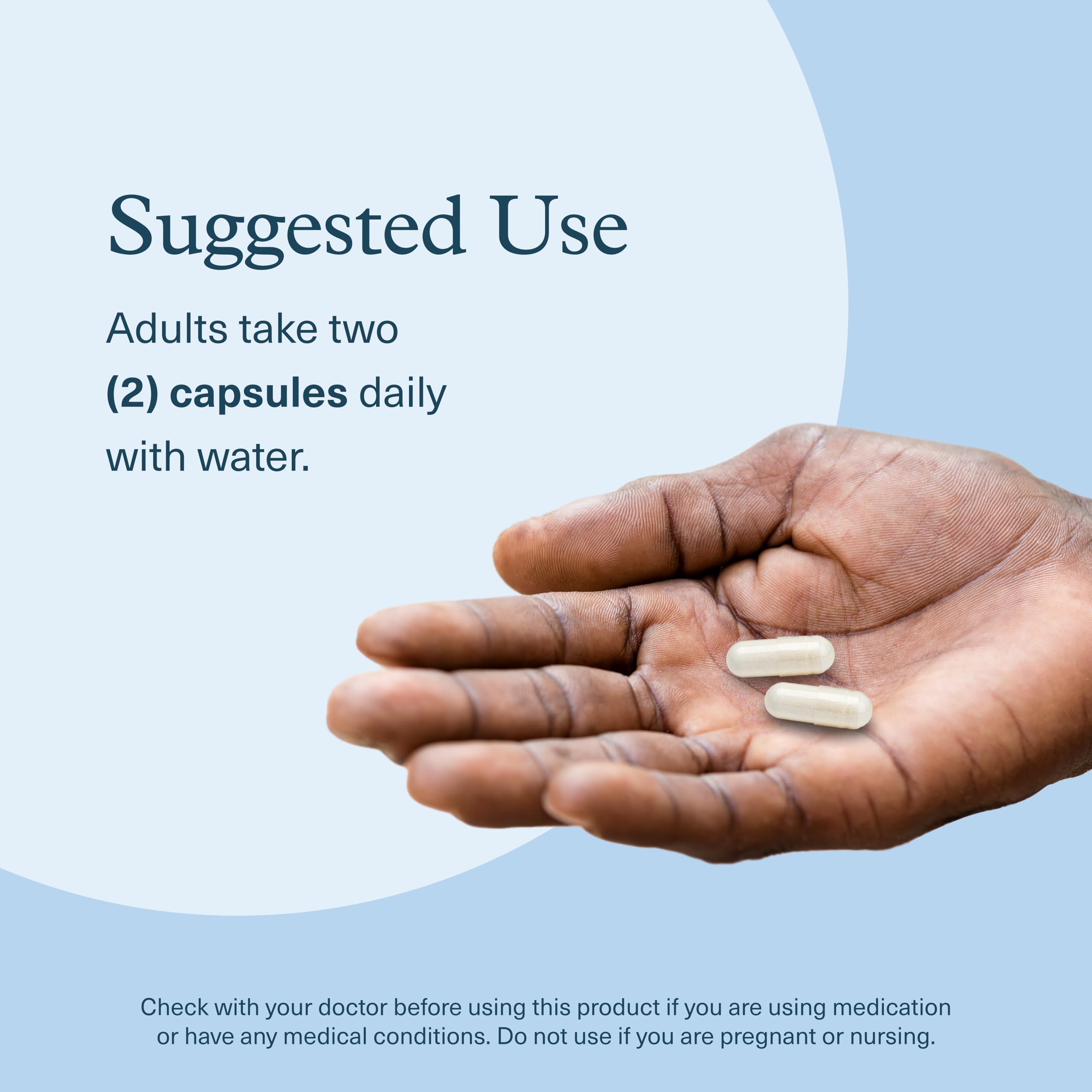 Product label showing dosage and 90 capsules in the bottle for a 45-day supply.
