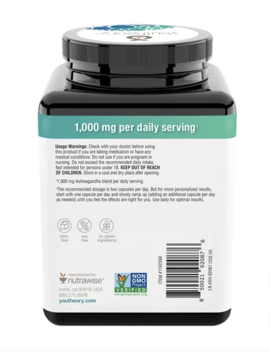 Packaging of Youtheory Ashwagandha 180 capsules