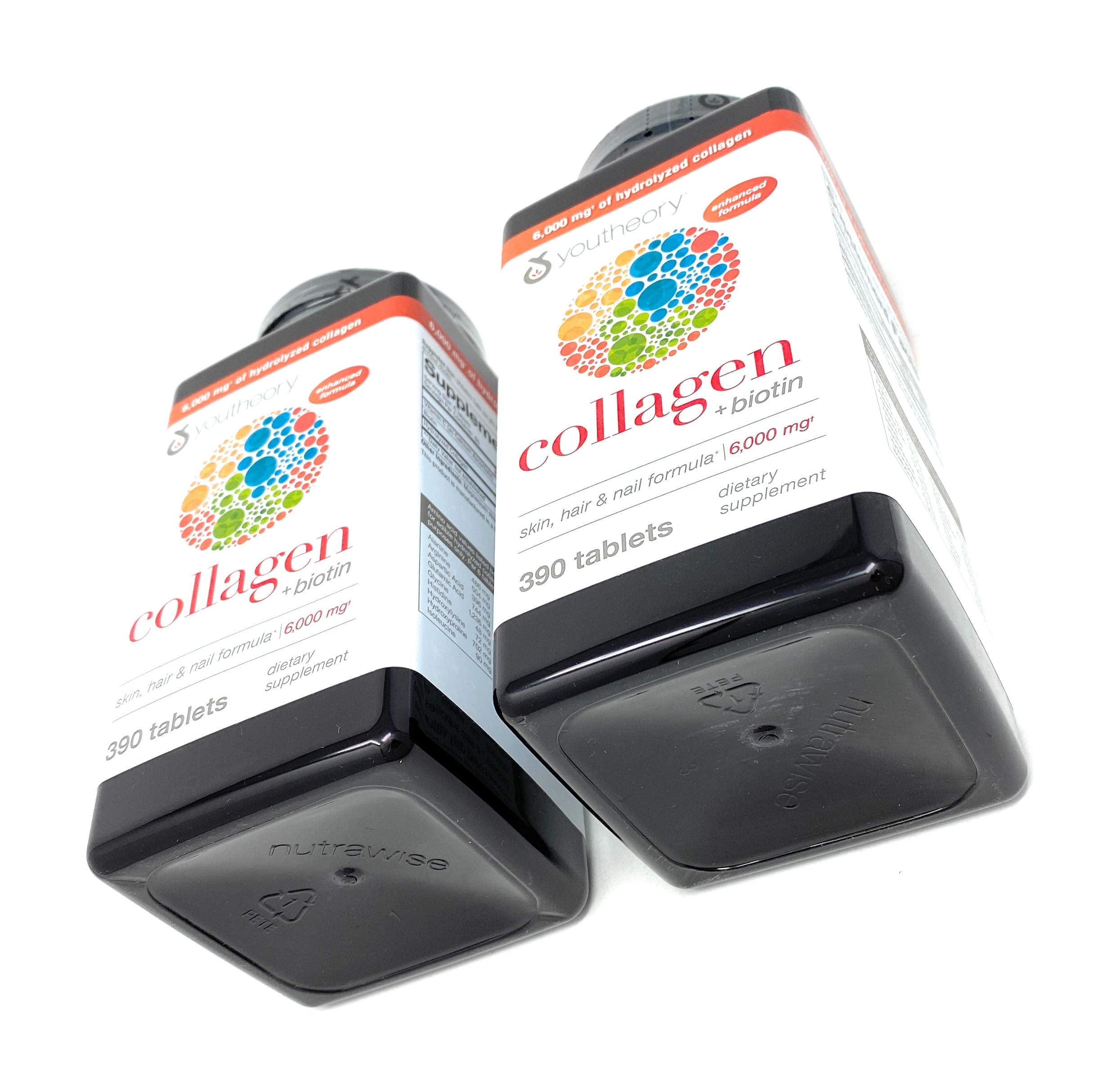 Youtheory Collagen Advanced Formula packaging emphasizes biotin content for hair and nails.
