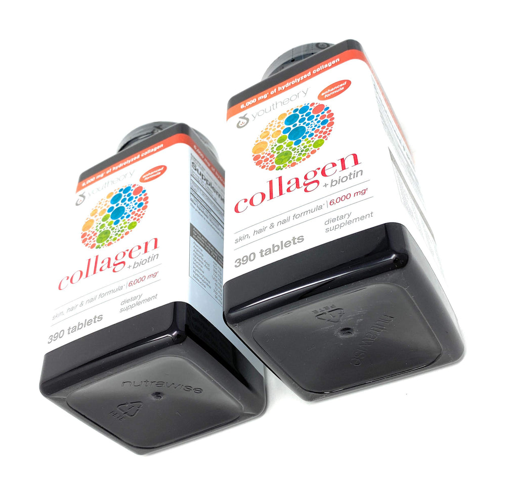 Youtheory Collagen Advanced Formula packaging emphasizes biotin content for hair and nails.