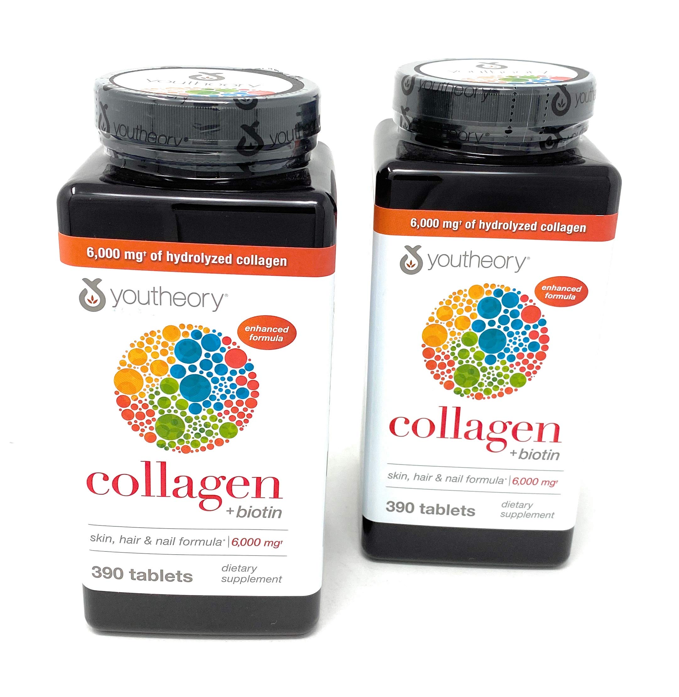 Youtheory Collagen Advanced Formula bottle back label with vitamin C and biotin information.