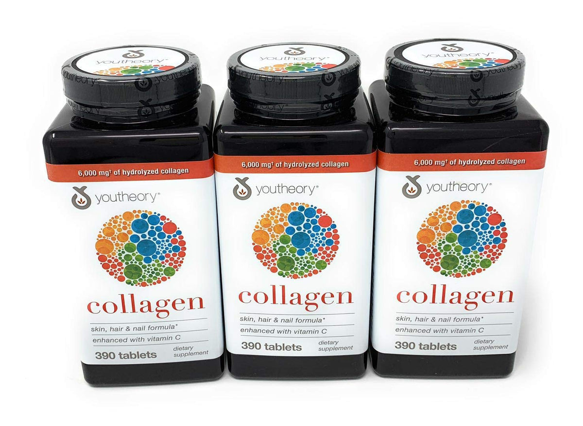 Youtheory Collagen Advanced Formula bottle showing daily tablet format for skin and joint support.