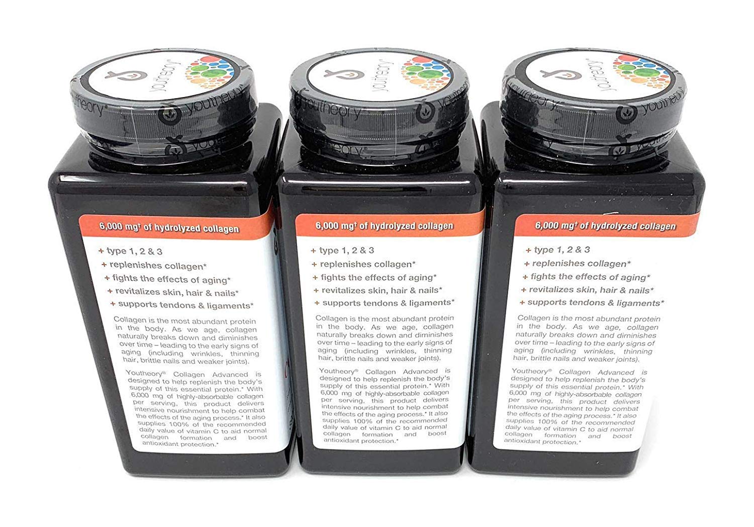 Youtheory label highlights 60 mg vitamin C and collagen content for daily wellness.