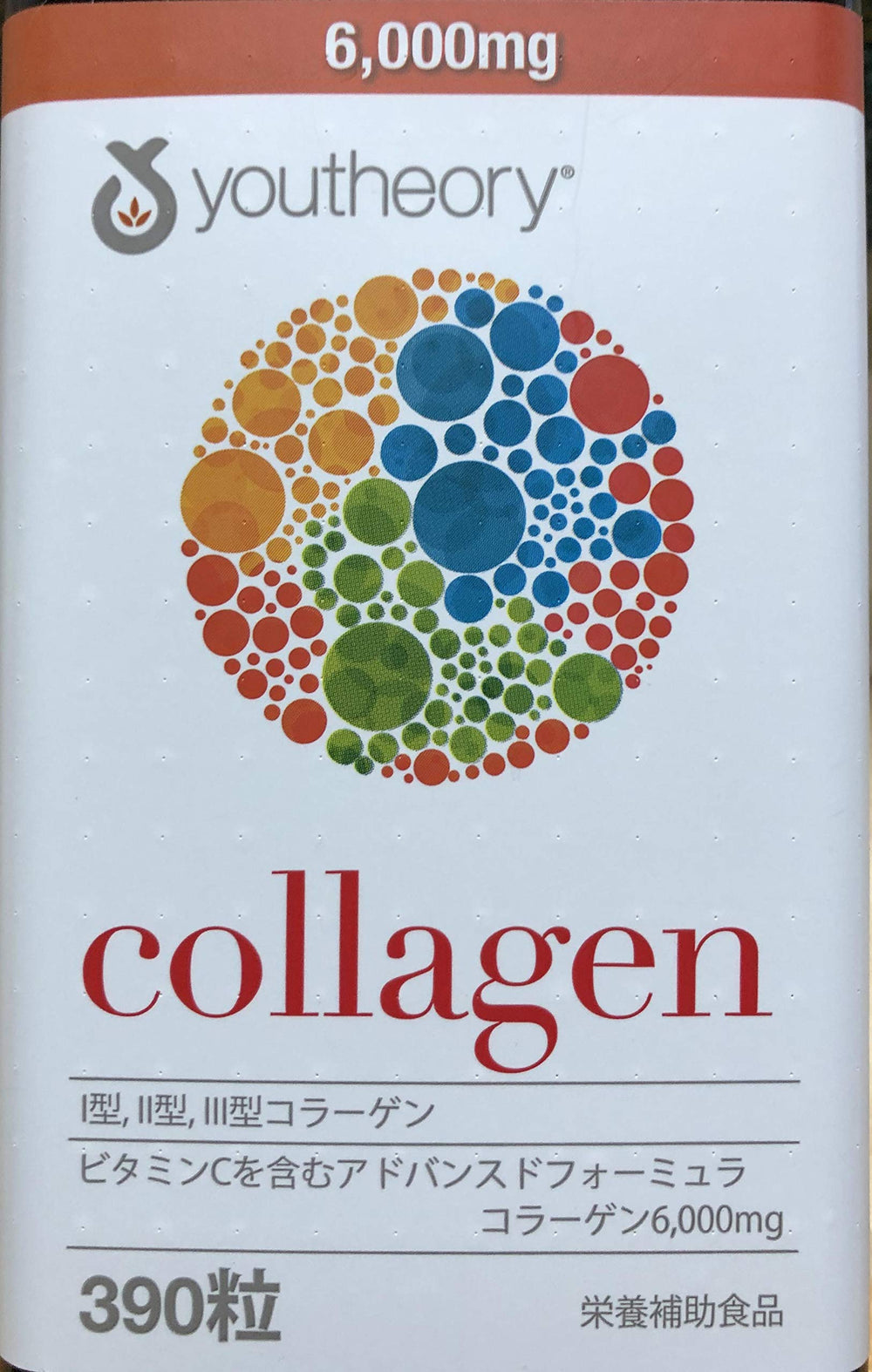 Close-up of Youtheory label on collagen tablets bottle highlighting ingredients.