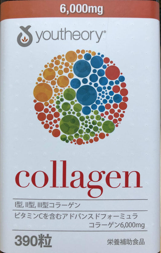 Close-up of Youtheory label on collagen tablets bottle highlighting ingredients.