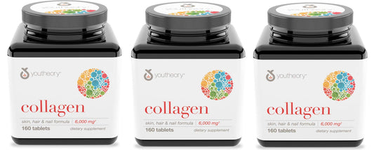 Youtheory Collagen Advanced Formula bottle with 160 tablets for skin, hair, and joints support