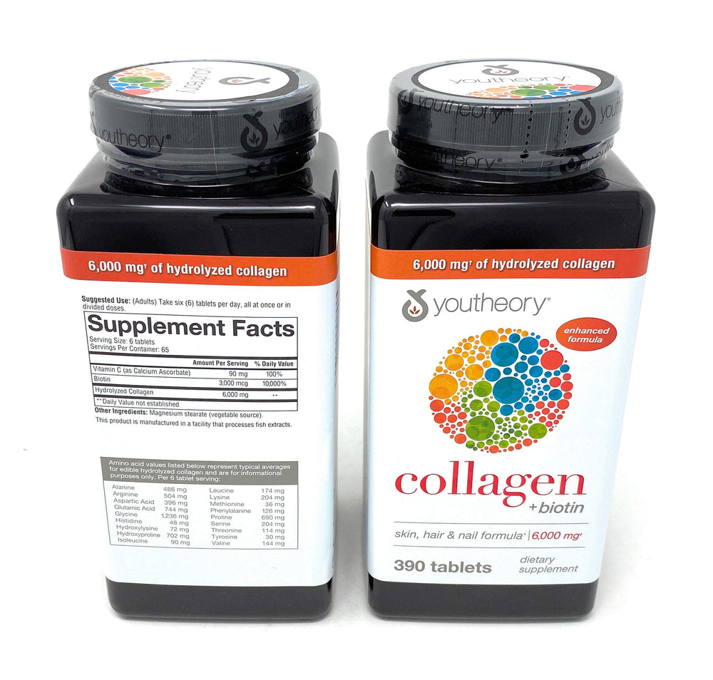 Youtheory Collagen Advanced Formula bottle shows vitamin C benefits on label.