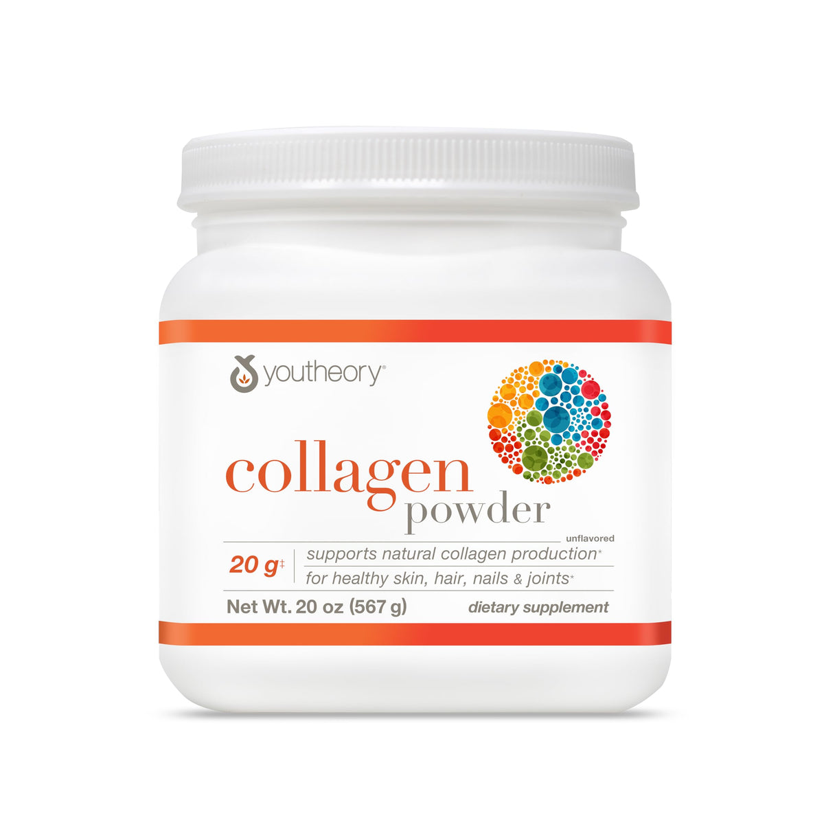 Youtheory collagen powder tub front view; convenient daily wellness supplement