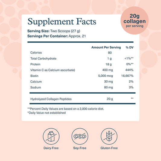 Youtheory collagen powder tub side label detailing ingredients and benefits