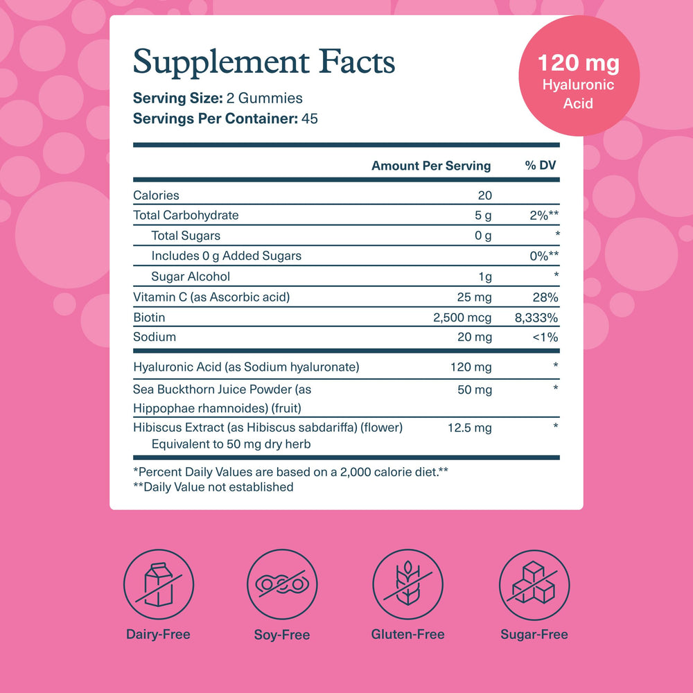 Youtheory Complete Beauty Gummies hyaluronic acid ingredients close-up for skin support