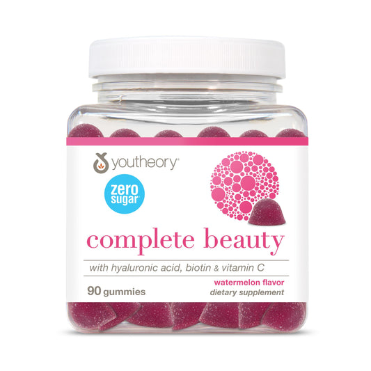 Youtheory Complete Beauty Gummies watermelon bottle highlighting hydration-friendly formula