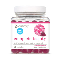 Youtheory Complete Beauty Gummies watermelon bottle highlighting hydration-friendly formula
