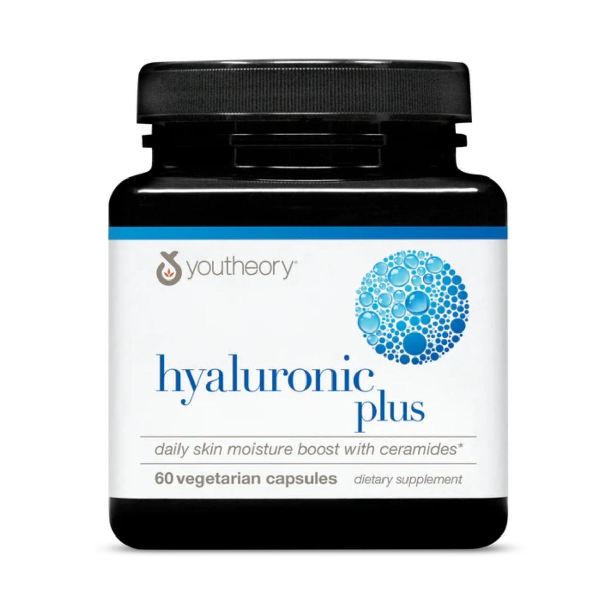 Youtheory Hyaluronic Plus bottle cap highlights daily hydration potential for healthy skin.