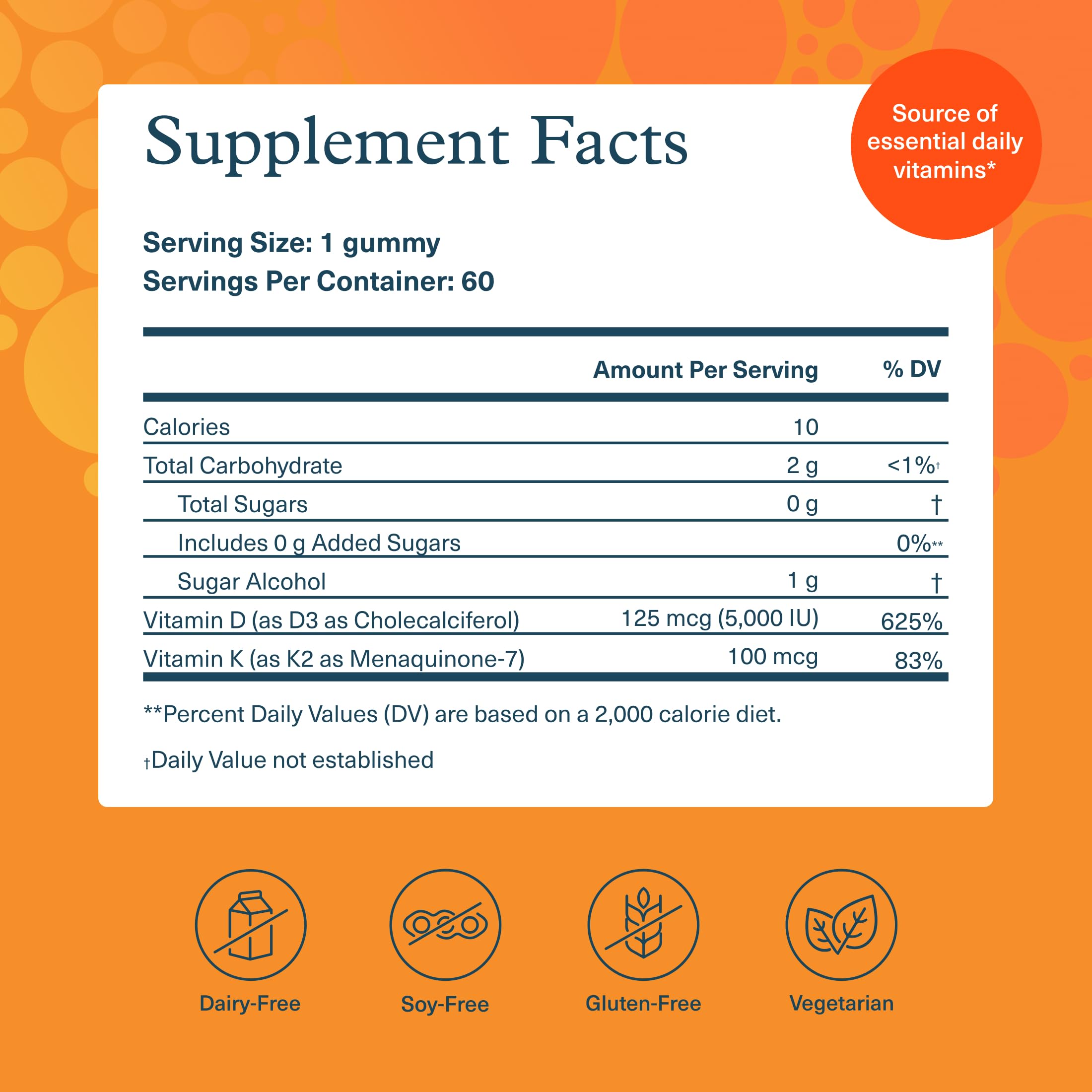 Back of Youtheory K2D3 Zero Sugar Gummy bottle with ingredients and facts for daily use