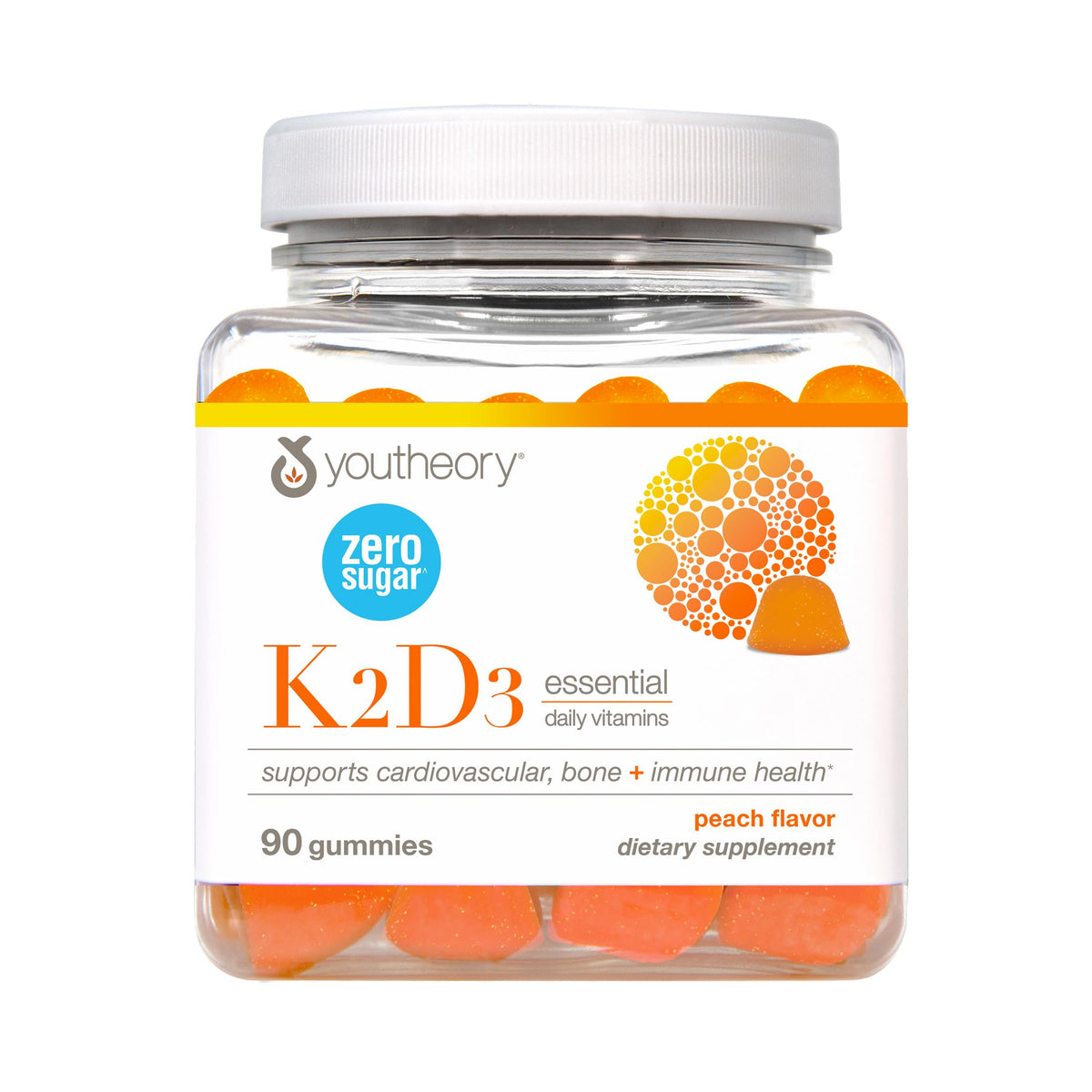 Youtheory K2D3 Zero Sugar Gummy bottle front shows sugar-free calcium support for daily wellness