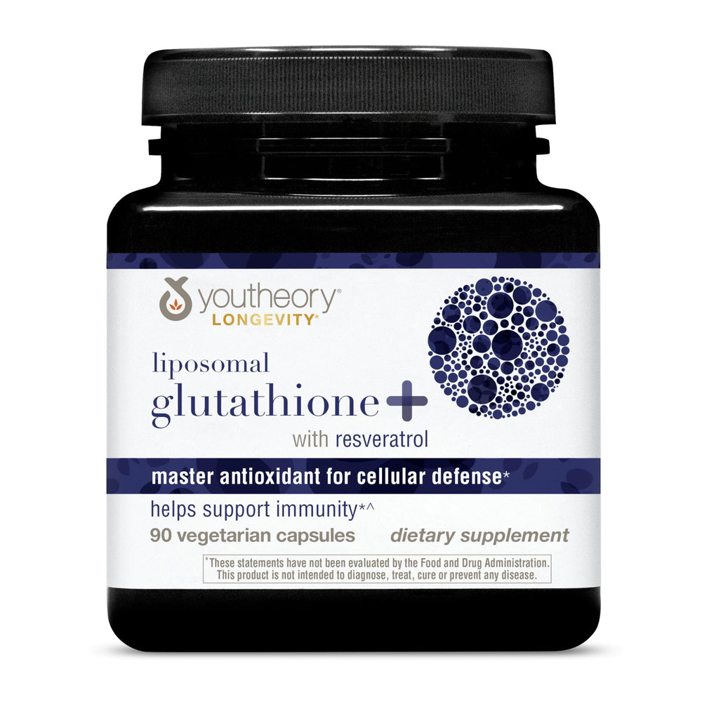 Youtheory Liposomal Glutathione with Resveratrol bottle closeup, highlighting premium formula