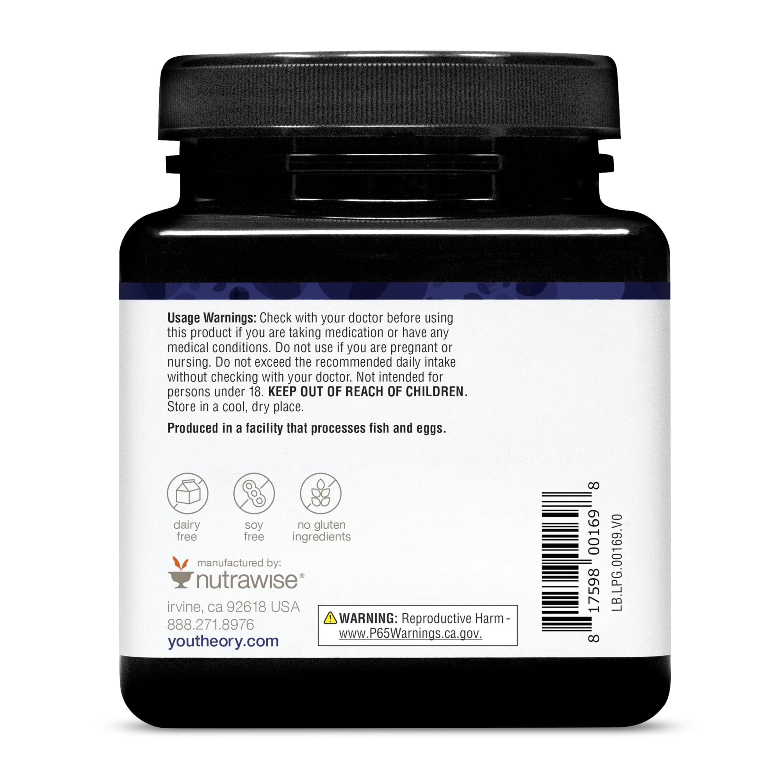 Youtheory Liposomal Glutathione with Resveratrol label design emphasizes quality ingredients