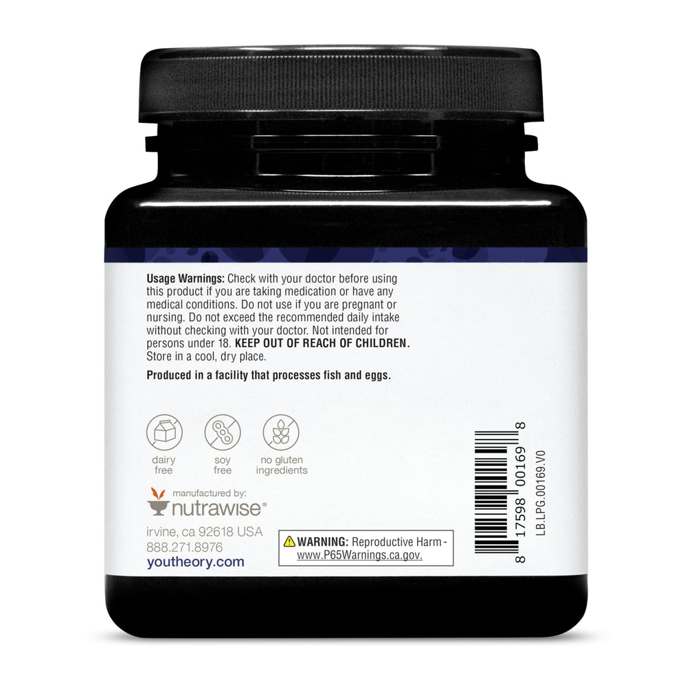Youtheory Liposomal Glutathione with Resveratrol label design emphasizes quality ingredients