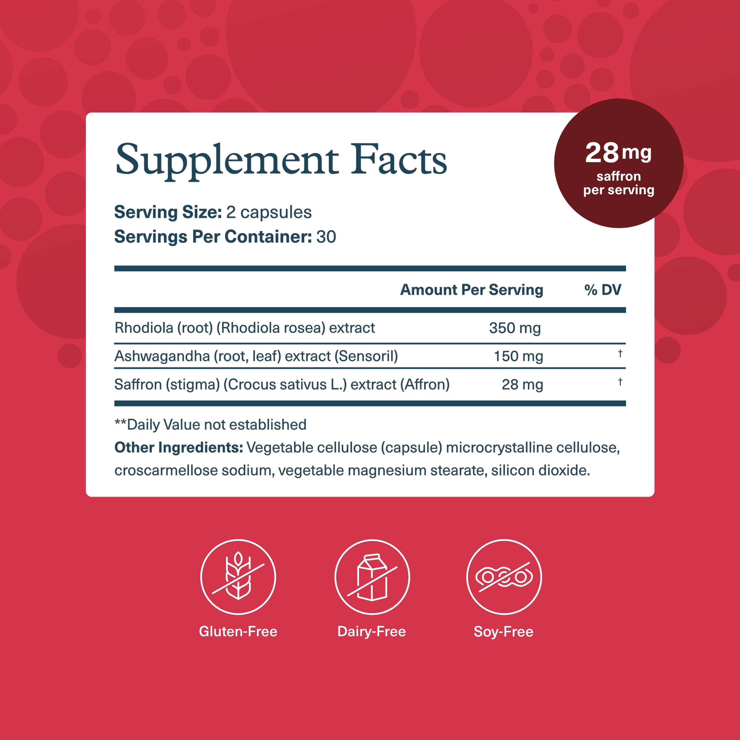 Youtheory Saffron label packaging highlights dairy-free, gluten-free, and soy-free formulation