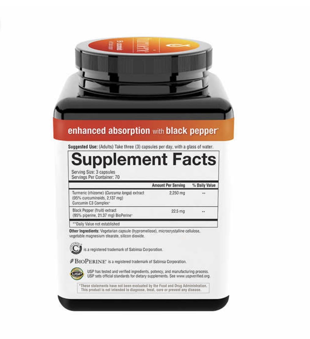 Youtheory Turmeric capsules close-up highlighting 210 capsules for daily antioxidant support