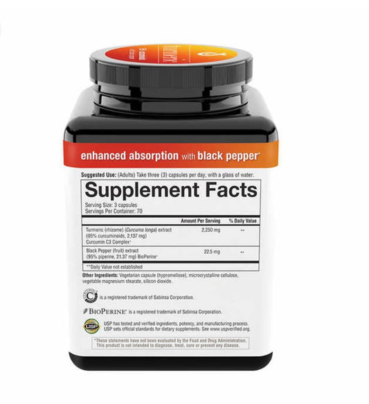 Youtheory Turmeric capsules close-up highlighting 210 capsules for daily antioxidant support