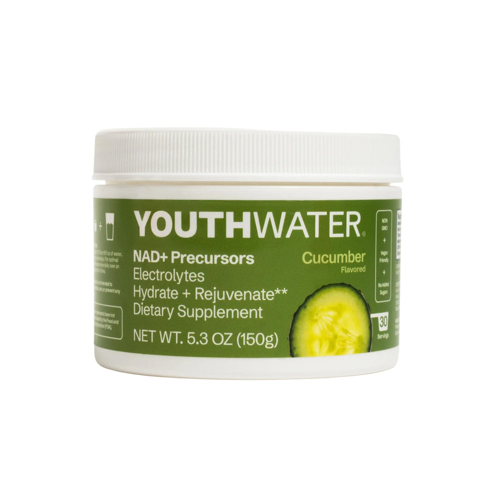YOUTHWATER NAD+ Cucumber bottle pour supports refreshing hydration after workouts.