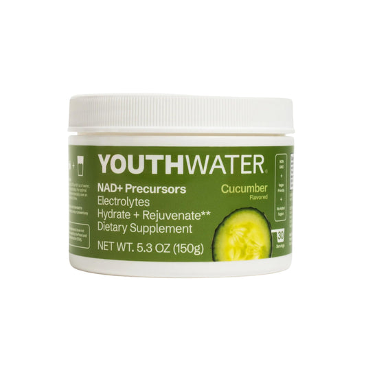 YOUTHWATER NAD+ Cucumber bottle pour supports refreshing hydration after workouts.