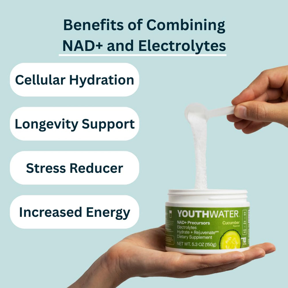 YOUTHWATER NAD+ Cucumber daily-use pack signals effortless wellness routine.