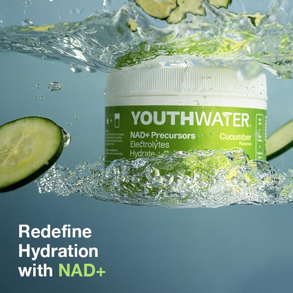 YOUTHWATER NAD+ Cucumber outdoor-hydration scene highlights on-the-go electrolyte support.