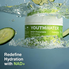 YOUTHWATER NAD+ Cucumber outdoor-hydration scene highlights on-the-go electrolyte support.