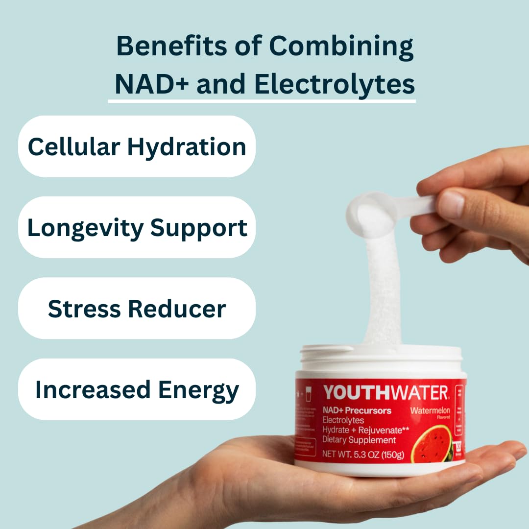 YOUTHWATER NAD+ dissolving powder captured during a workout break
