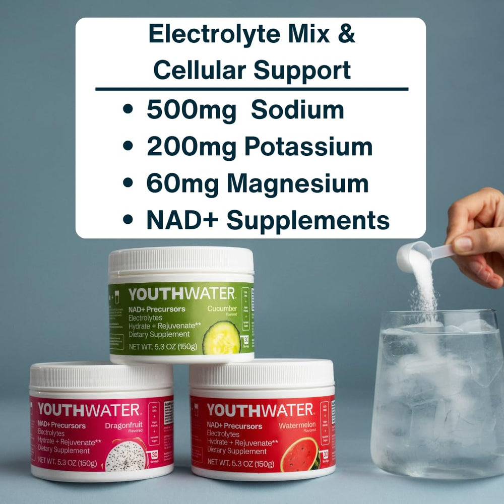 YOUTHWATER NAD+ watermelon mix in glass for hydration on the go