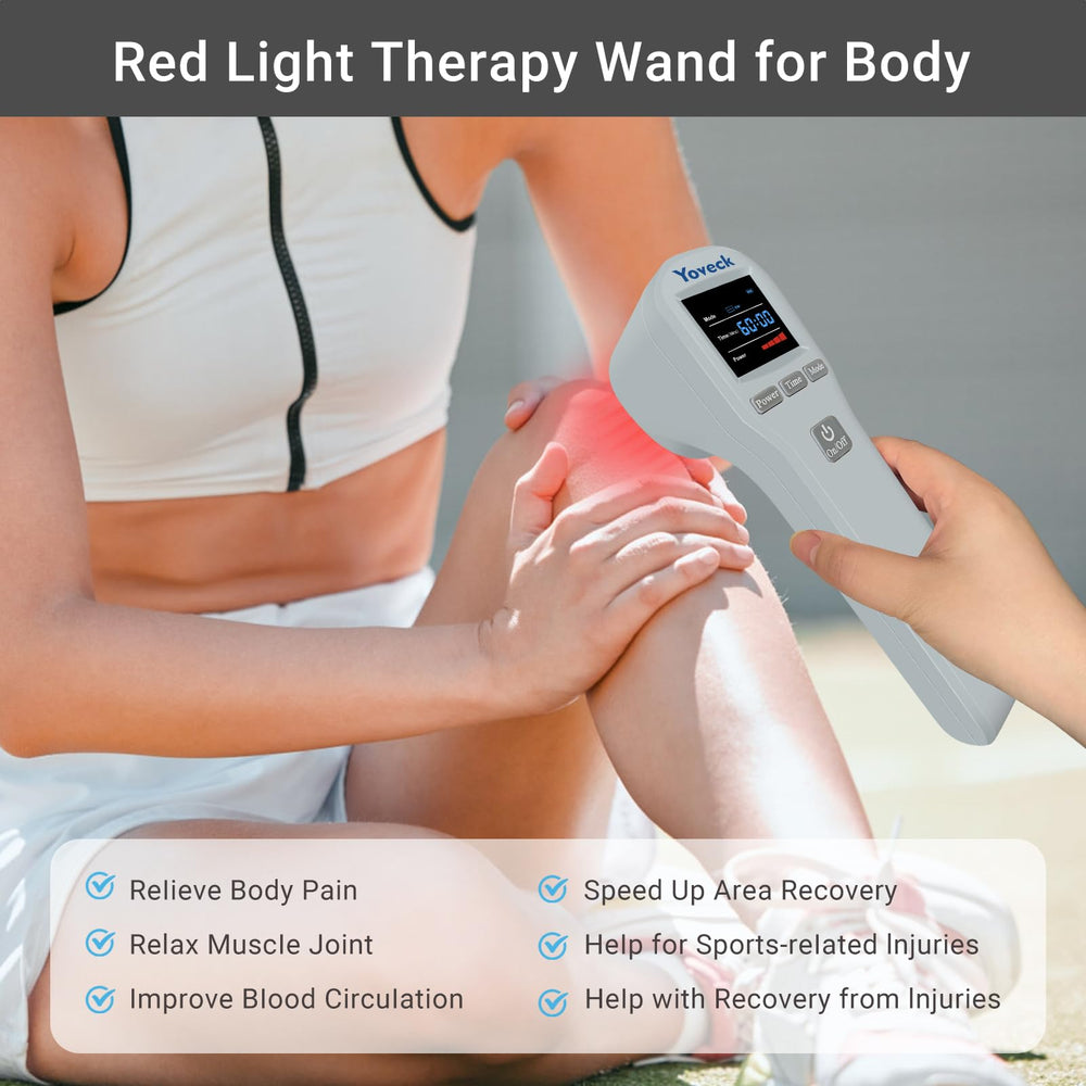 Yoveck red-light therapy device in use in hand demonstrating targeting a muscle area