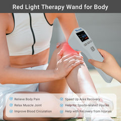 Yoveck red-light therapy device in use in hand demonstrating targeting a muscle area