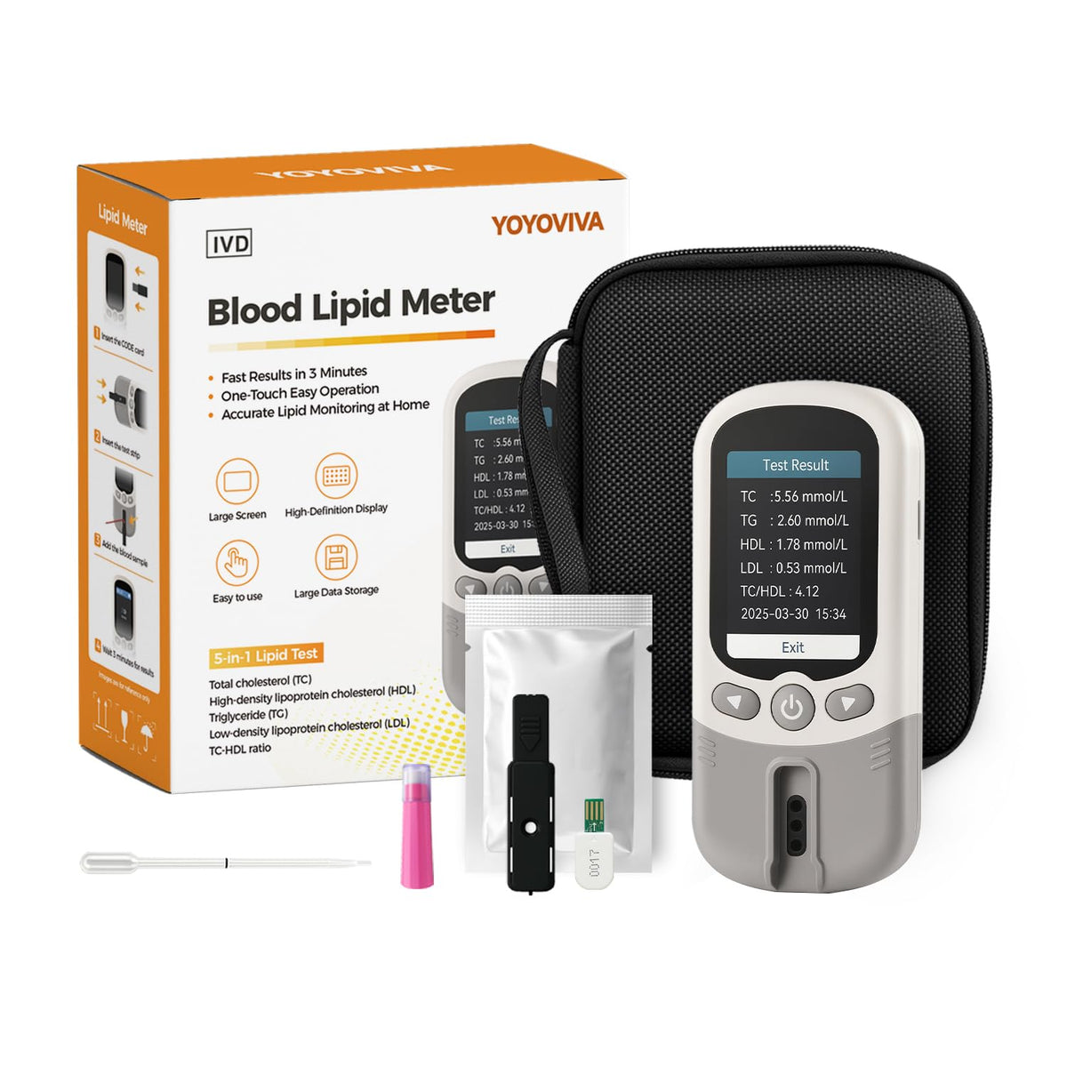 YOYOVIVA five-in-one lipid meter front view with clear display for quick readings.