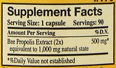 Close-up of capsules: 1000mg propolis from YS Organic Bee Farms for daily use