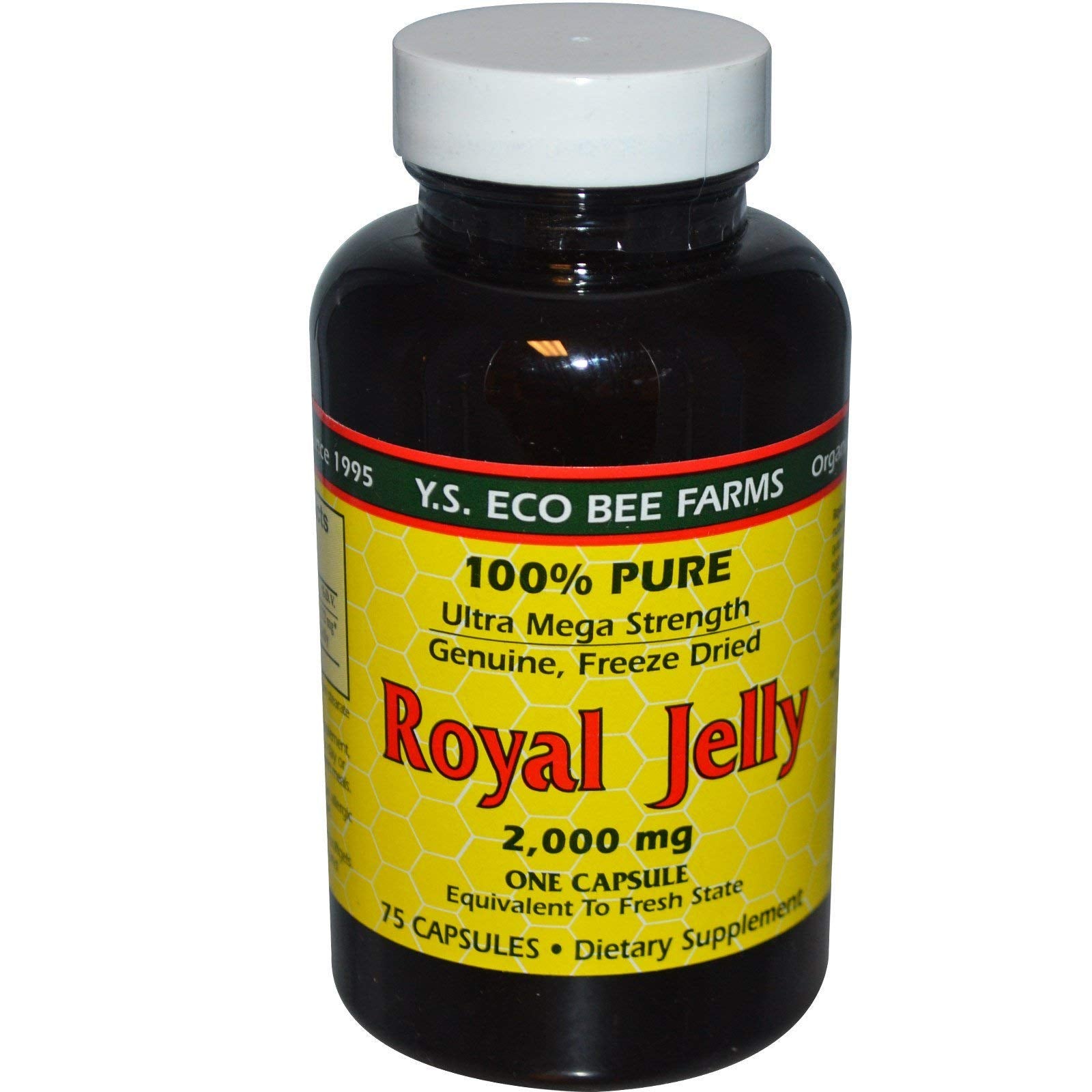 YS Eco Bee Farms Royal Jelly bottle front view for daily vitality support.