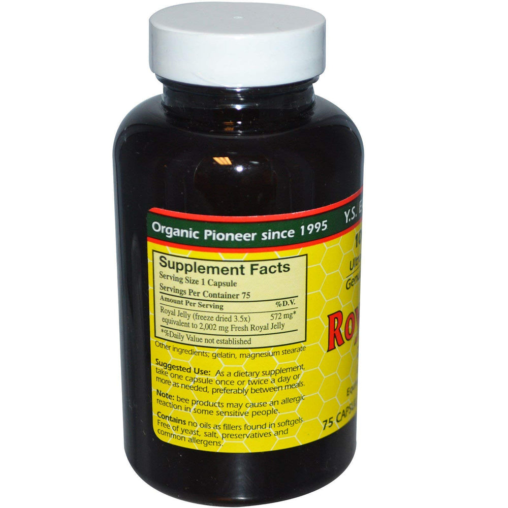 YS Eco Bee Farms Royal Jelly capsules closeup for high potency and daily use.