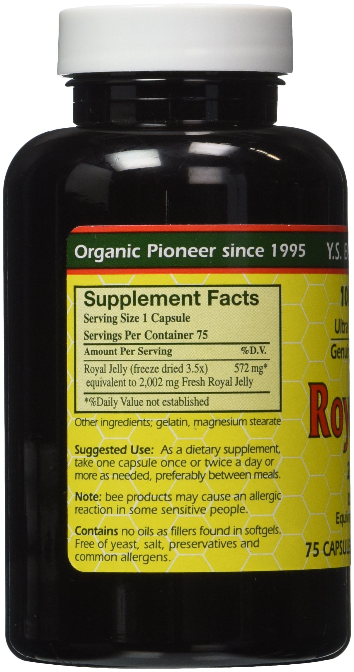 YS Eco Bee Farms royal jelly bottle front, suggesting high-potency daily use.