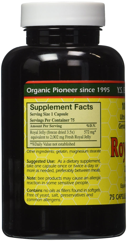 YS Eco Bee Farms royal jelly bottle front, suggesting high-potency daily use.