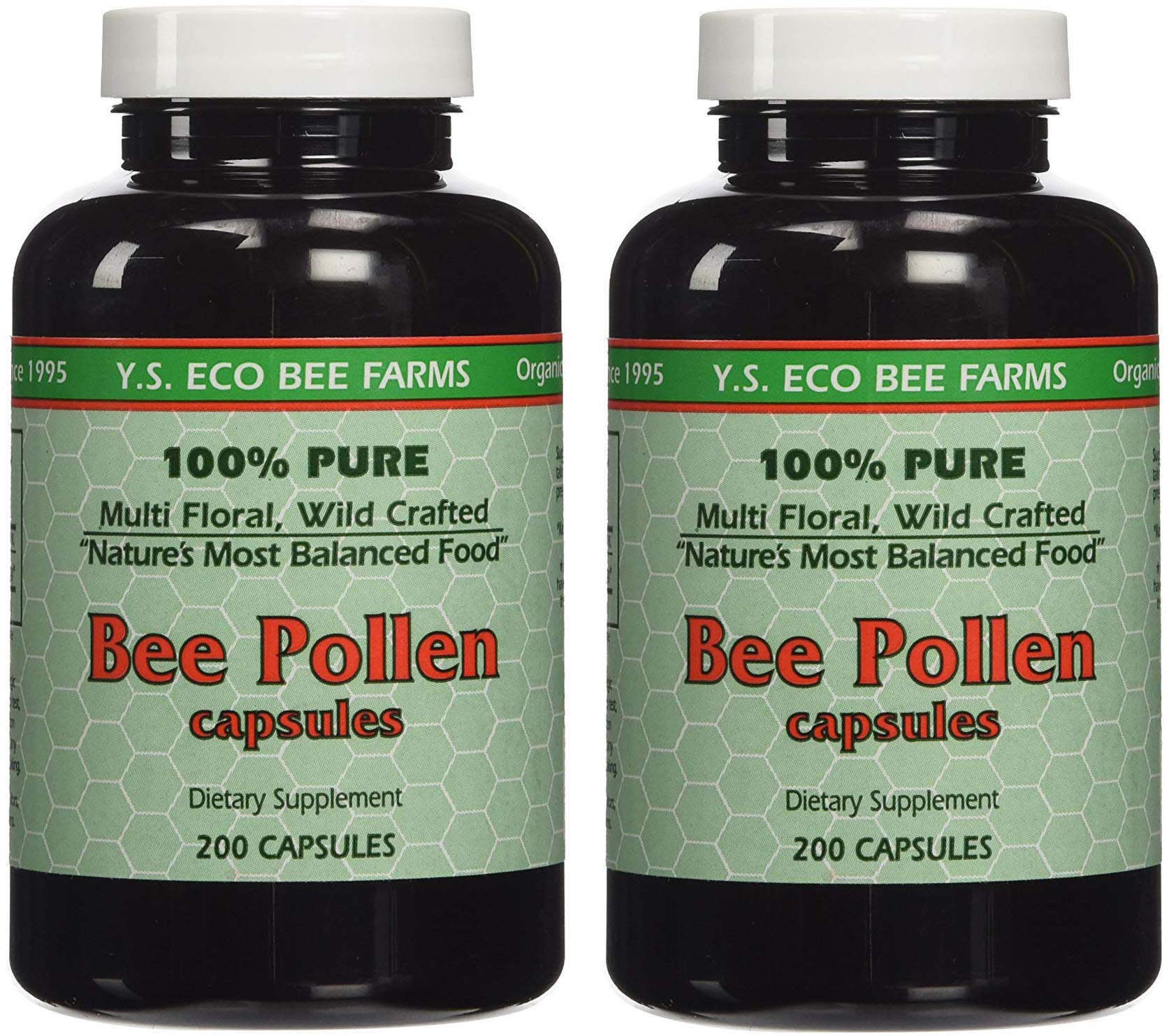 YS Organics Bee Pollen bottle with capsules for daily energy support.