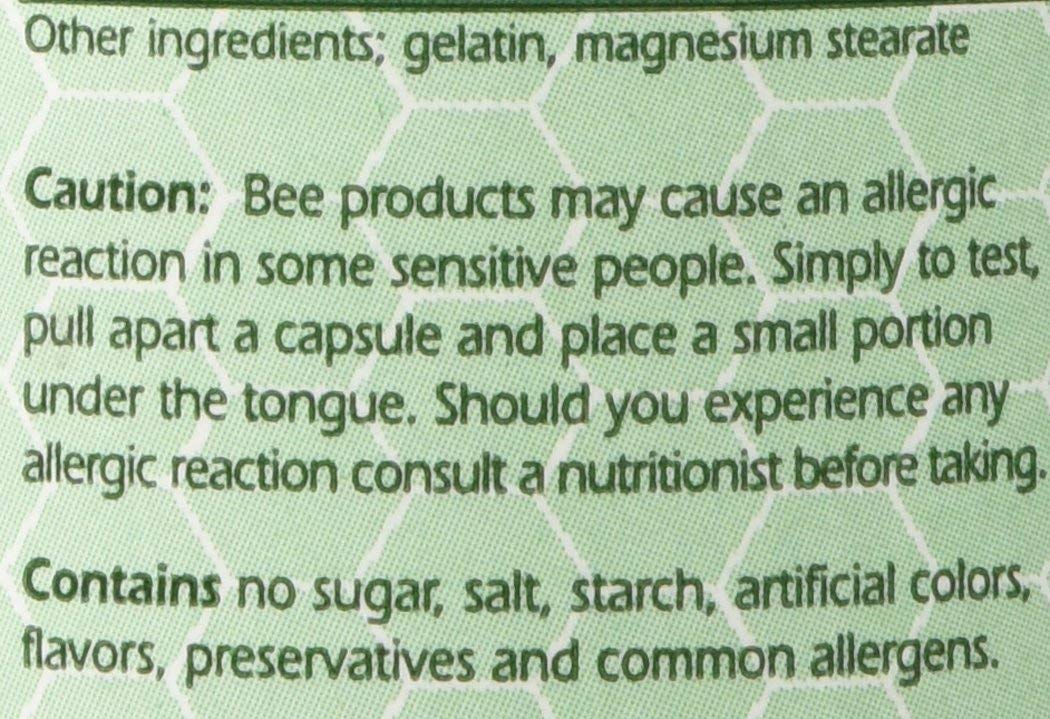 Close-up of YS Organics Bee Pollen capsules; gluten-free and vegetarian safe.