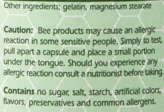 Close-up of YS Organics Bee Pollen capsules; gluten-free and vegetarian safe.