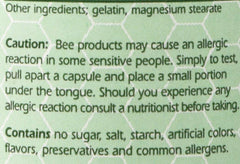 Close-up of YS Organics Bee Pollen capsules; gluten-free and vegetarian safe.