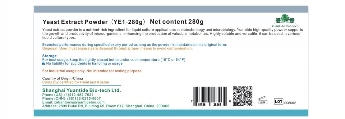 Yuantide Yeast Extract YC01 packaging shows key specs for media prep.