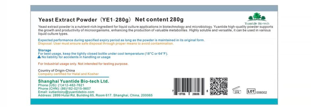 Yuantide Yeast Extract YC01 packaging shows key specs for media prep.