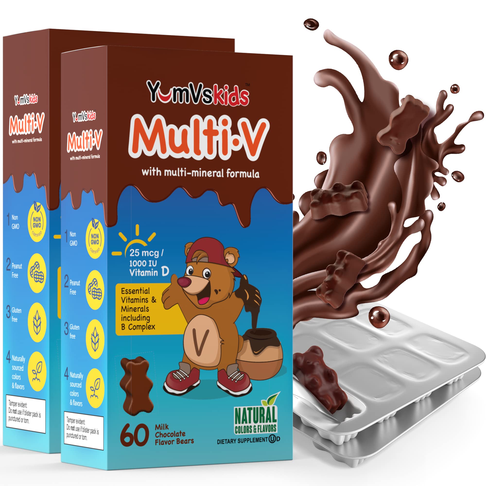 YUM-V'S Kids multivitamin chocolate bears packaging close-up for convenient on-the-go supplementation