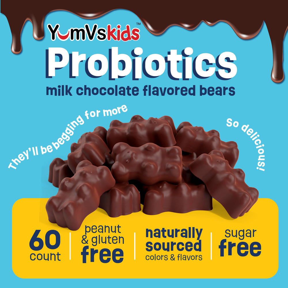 YUM-V'S chocolate bears in foil packets for convenient on-the-go probiotic boosts.