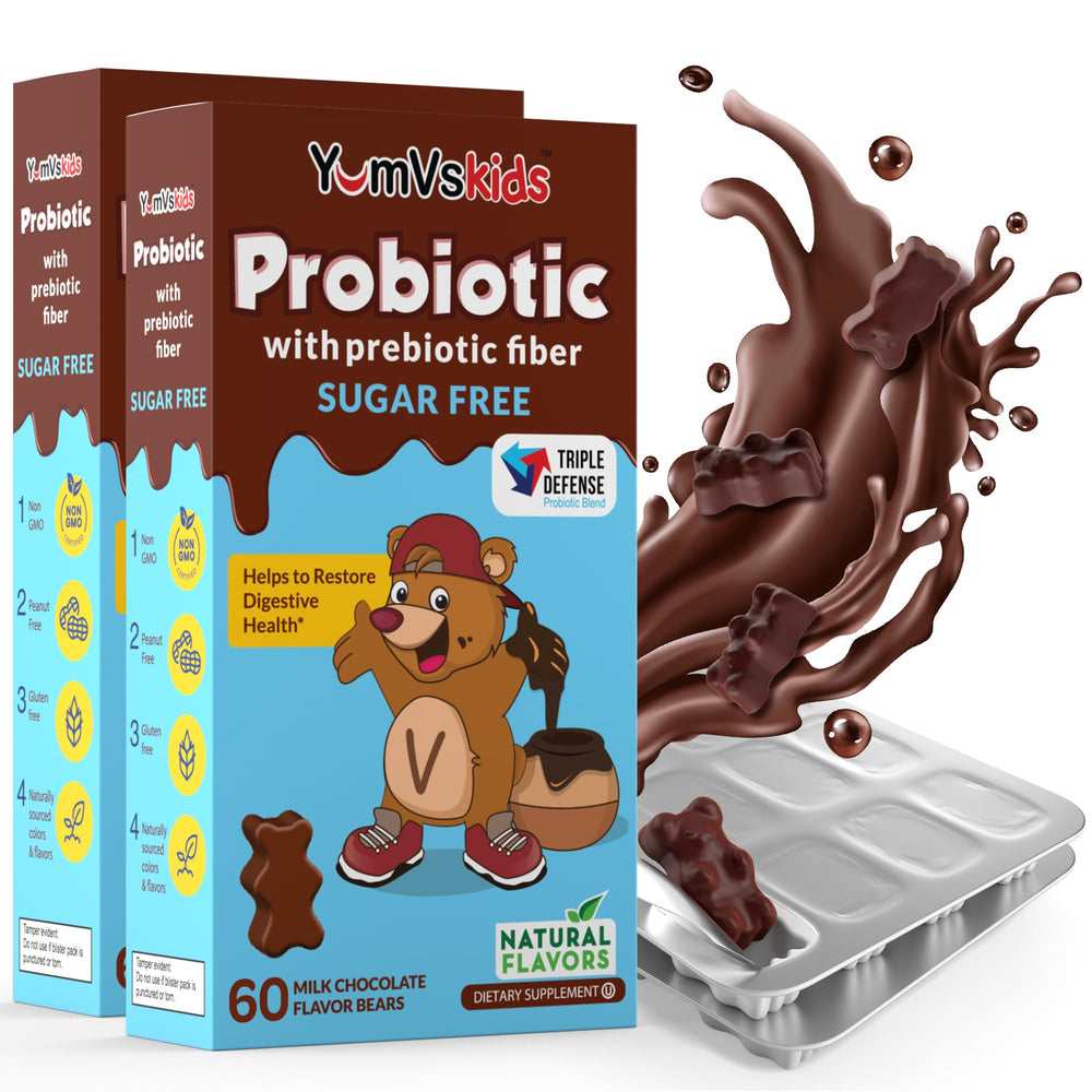 YUM-V'S probiotic kids chocolate bears packaging highlights a tasty, sugar-free option.