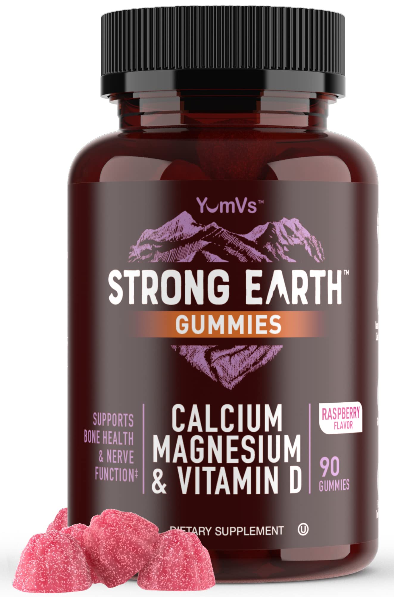 YUM-V'S Strong Earth raspberry gummies close-up highlighting flavor and daily wellness use.
